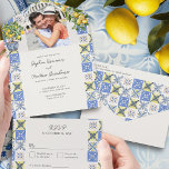 Invitation Tout En Un Lemon Grove Rustic Méditerranéen Mariage et RSVP<br><div class="desc">Faire-part de mariage Lemon Grove avec déchirure RSVP et votre photo. Le design se compose d'un citronnier, de tuiles méditerranéennes bleues et jaunes, d'une branche de citrons et de fleurs en fleurs. Parfait pour un thème mariage citron, mariage d'inspiration italienne, villa méditerranéenne rustique esthétique, couleurs mariage bleues et jaunes ou...</div>