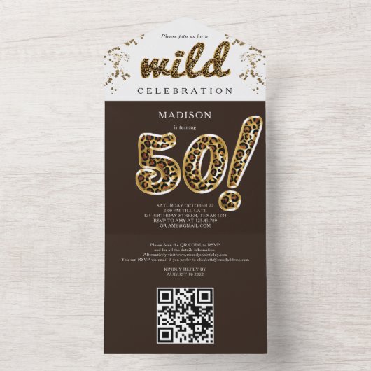 Invitation Tout En Un Leopard Foil Balloon 50e anniversaire QR Code RSVP (À l'intérieur)
