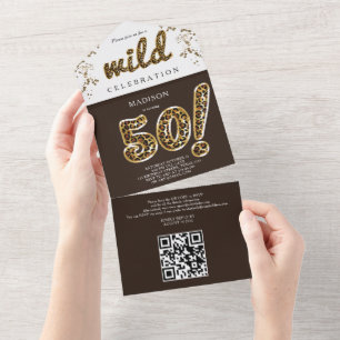 Invitation Tout En Un Leopard Foil Balloon 50e anniversaire QR Code RSVP