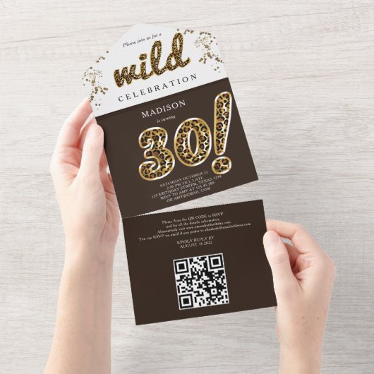 Invitation Tout En Un Léopard Foil Script Anniversaire QR Code RSVP (Déchirure)