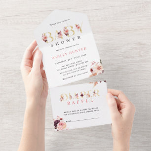 Invitation Tout En Un Lettre or florale Baby shower   Raffle de couches