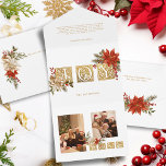 Invitation Tout En Un Lettres de bloc Joy Illuminé Or avec Poinsettias<br><div class="desc">Elégant accueil "Joy" dans des lettres médiévales ornées d'or illuminé orné de grappes de poinsettias rouges et blanches colorées,  evergreens et saint avec des reflets d'or. Inclut les champs de texte modèle photo et modifiables.</div>