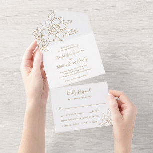 Invitation Tout En Un Ligne dorée Fleurs Art Élégant Mariage