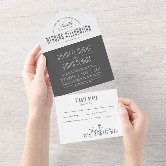 Invitation Tout En Un Ligne Skyline Seattle Deco | Mariage (Déchirure)