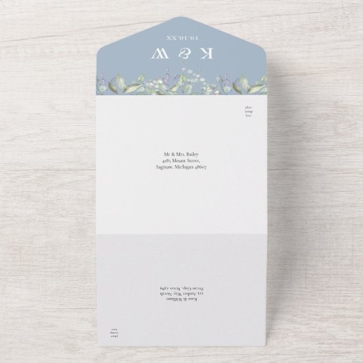 Invitation Tout En Un Lilac Foliage Dusty Mariage Monogramme bleu (Dehors)
