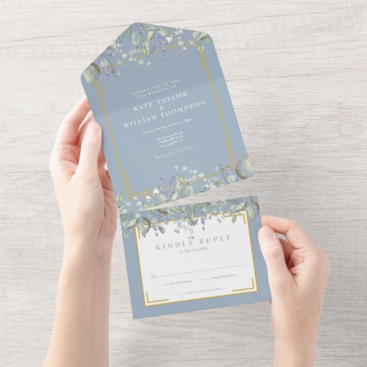Invitation Tout En Un Lilac Foliage Dusty Mariage Monogramme bleu (Déchirure)