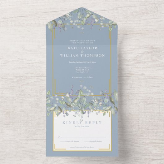 Invitation Tout En Un Lilac Foliage Dusty Mariage Monogramme bleu (À l'intérieur)