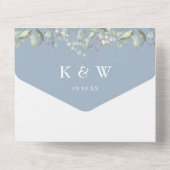 Invitation Tout En Un Lilac Foliage Dusty Mariage Monogramme bleu (Verso)