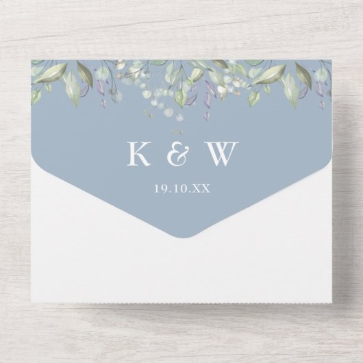 Invitation Tout En Un Lilac Foliage Dusty Mariage Monogramme bleu (Verso)