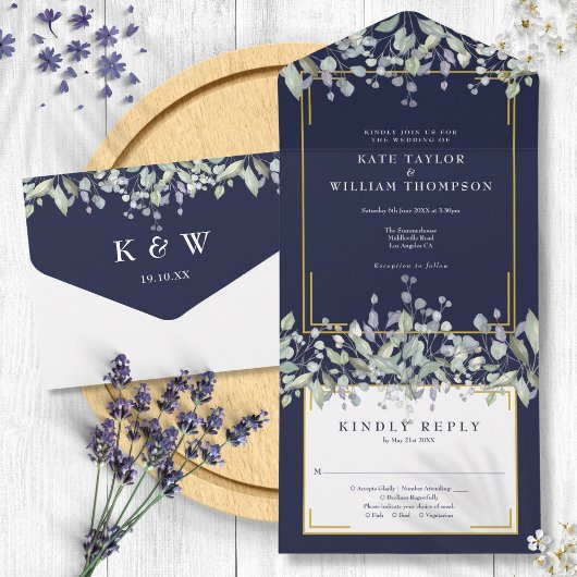 Invitation Tout En Un Lilac Foliage Marine Mariage de monogramme bleu