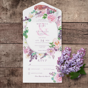 Invitation Tout En Un Lilac romantique et cadre rose floral ovale Pas de