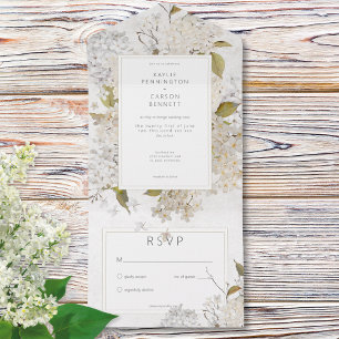 Invitation Tout En Un Lilacs blancs romantiques rustiques sur blanc Sans