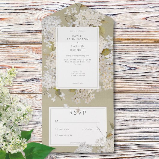 Invitation Tout En Un Lilacs blancs romantiques rustiques sur Sage No Di