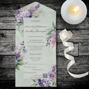 Invitation Tout En Un Lilacs et Heather sur Marbled Sage Green