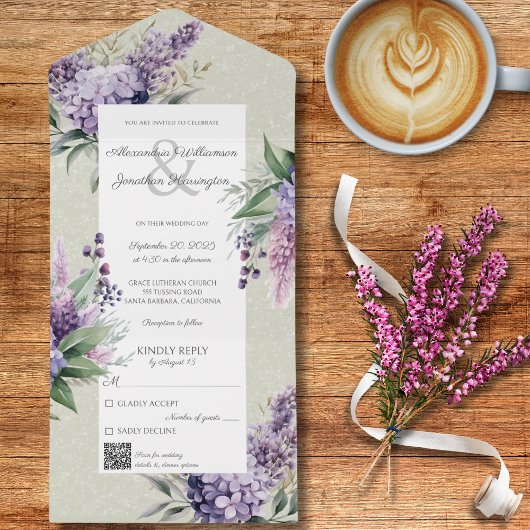 Invitation Tout En Un Lilacs & Heather on Sage Green avec code QR