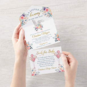 Invitation Tout En Un Livres pour bébé Pink Bunny Floral Baby Shower