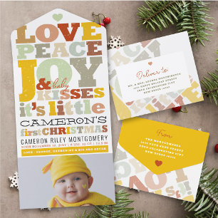 Invitation Tout En Un Love Peace Joy & Baby Kisses Photo Holiday Birth