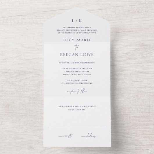 Invitation Tout En Un Lucy Navy Bleu Classique Mariage élégant (À l'intérieur)