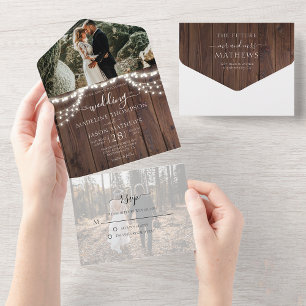 Invitation Tout En Un Lumières à cordes de bois rustique Photo Mariage R