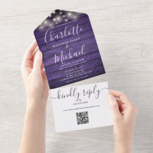 Invitation Tout En Un Lumières à cordes en bois rustique violet Code QR