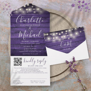 Invitation Tout En Un Lumières à cordes en bois violet rustique Code QR