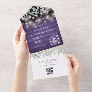 Invitation Tout En Un Lumières de bocaux de maçon floraux violets Code Q