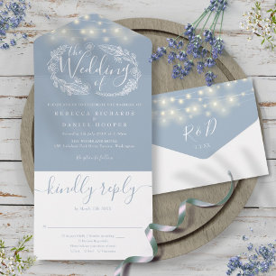 Invitation Tout En Un Lumières de Chaîne Bleu Poussiéreux Foliage Floral