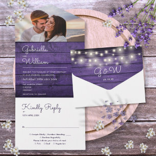 Invitation Tout En Un Lumières de Chaîne en Bois Violet Rustique Photo M