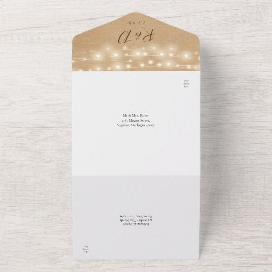 Invitation Tout En Un Lumières de chaîne Kraft Rustique Code QR Mariage (Dehors)