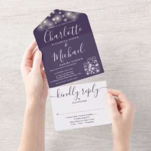 Invitation Tout En Un Lumières de chaîne violettes Mariage Bocaux Mason