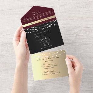 Invitation Tout En Un Lumières de mariage à cordes Or noir de Bourgogne