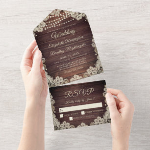 Invitation Tout En Un Lumières de mariage rustiques en bois avec guirpe 
