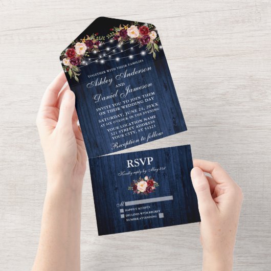Invitation Tout En Un Lumières en bois bleu Mariage rustique (Déchirure)