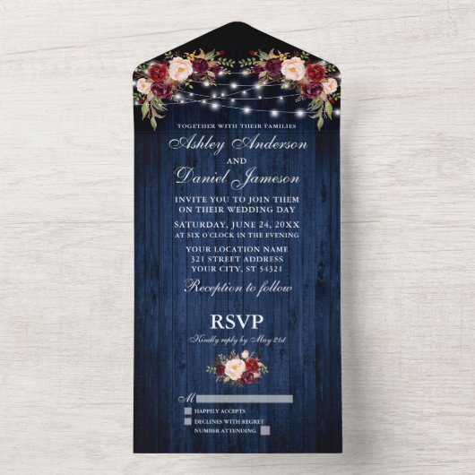 Invitation Tout En Un Lumières en bois bleu Mariage rustique (À l'intérieur)