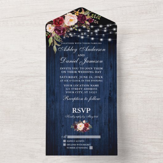 Invitation Tout En Un Lumières en bois bleu Mariage rustique (À l'intérieur)