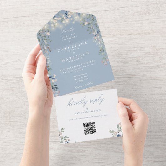 Invitation Tout En Un Lumières guirlandes florales bleu poussiéreux Code (Déchirure)