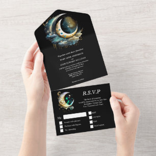 Invitation Tout En Un Lune céleste mystique étoile nuit noir bleu