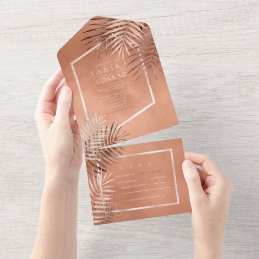 Invitation Tout En Un Lush Palm Leaf Mariage Terra Cotta ID956 (Déchirure)