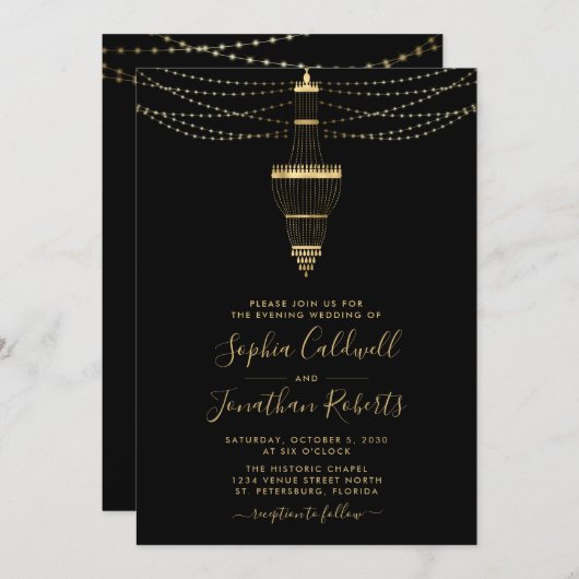 Invitation Tout en un lustre or noir Mariage du soir (Devant / Derrière)