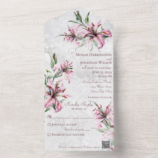 Invitation Tout En Un Lys roses sur blanc détendu avec code QR (À l'intérieur)