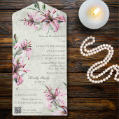 Invitation Tout En Un Lys roses sur Sage vert QR Code