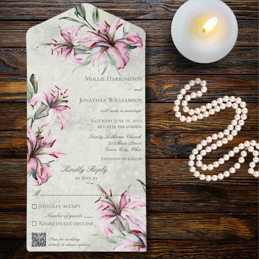 Invitation Tout En Un Lys roses sur Sage vert QR Code