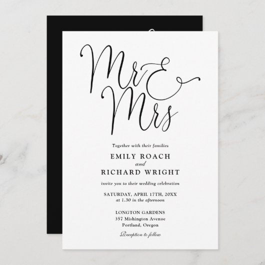 Invitation Tout En Un M. Et Mme Chic Mariage Noir Et Blanc (Devant / Derrière)