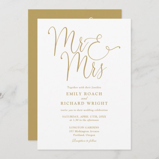 Invitation Tout En Un, M. Et Mme Elegant Mariage Or (Devant / Derrière)