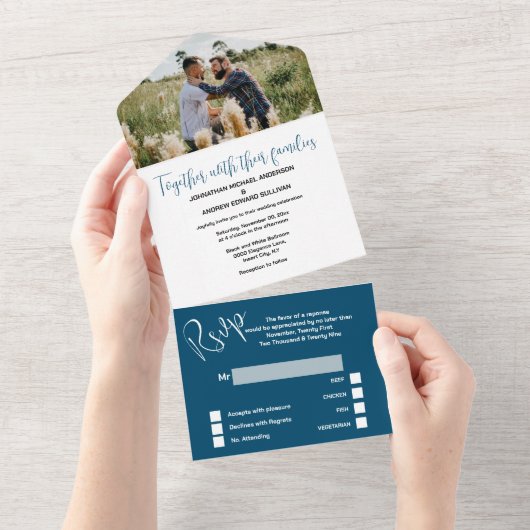 Invitation Tout En Un M. & M. bleu blanc simple élégant mariage PHOTO (Déchirure)