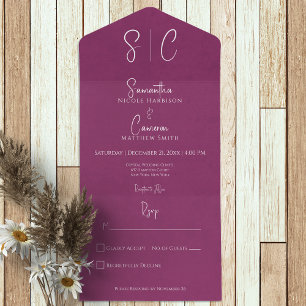 Invitation Tout En Un Magenta moderne Monogramme minimal Pas de dîner