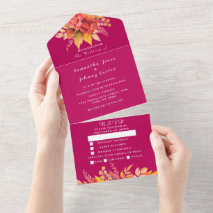 Invitation Tout En Un Magenta Rose Fuchsia Chute Florale Mariage élégant
