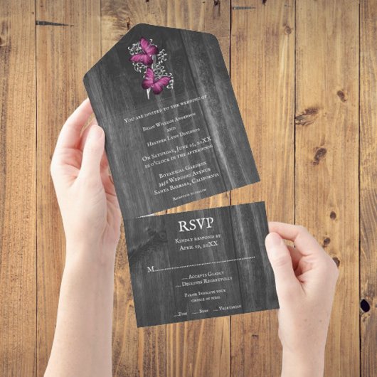 Invitation Tout En Un Magenta Rustic Butterfly All in One Wedding Invita