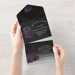 Invitation Tout En Un Magie du zodiaque   Roses de crâne gothique violet