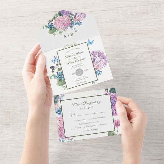 Invitation Tout En Un Magnifique Mariage floral Hydrangea peint à la mai (Déchirure)